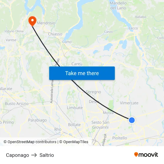 Caponago to Saltrio map