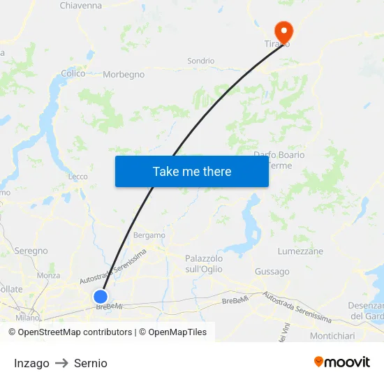 Inzago to Sernio map