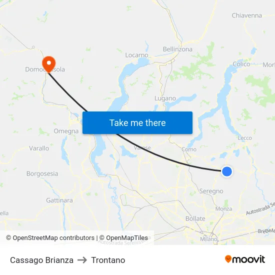 Cassago Brianza to Trontano map