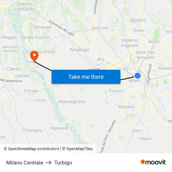 Milan Central to Turbigo map