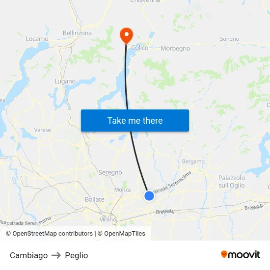 Cambiago to Peglio map