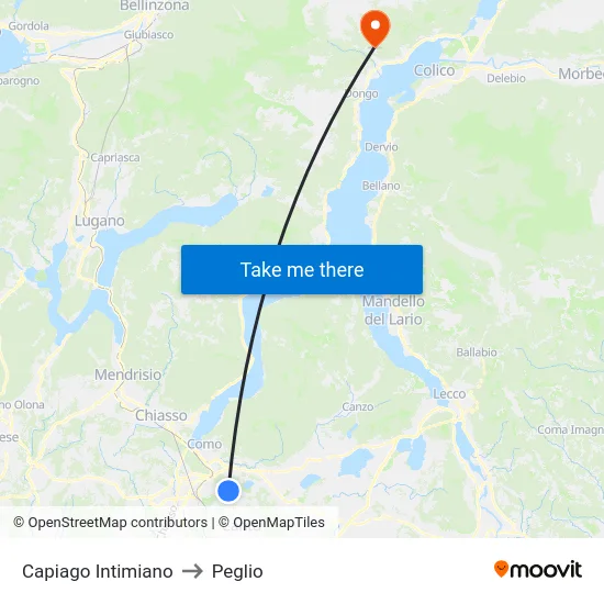 Capiago Intimiano to Peglio map