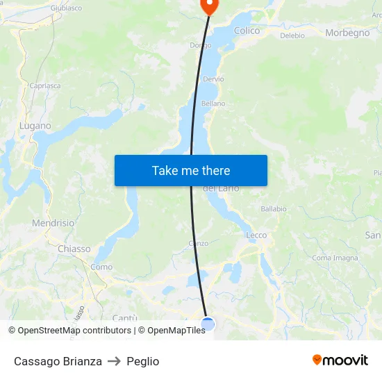 Cassago Brianza to Peglio map