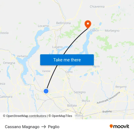 Cassano Magnago to Peglio map