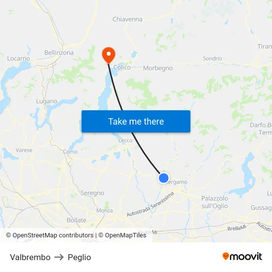 Valbrembo to Peglio map