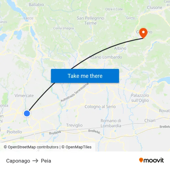 Caponago to Peia map