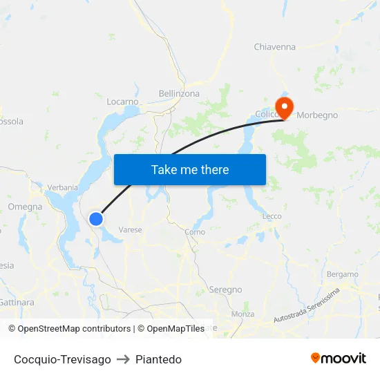 Cocquio-Trevisago to Piantedo map