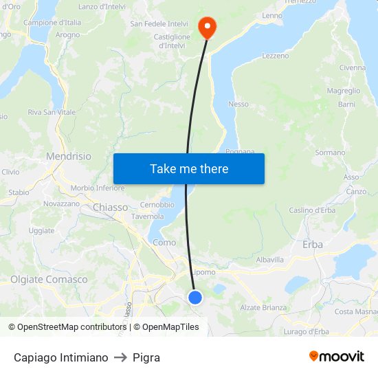 Capiago Intimiano to Pigra map