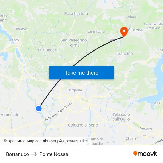 Bottanuco to Ponte Nossa map
