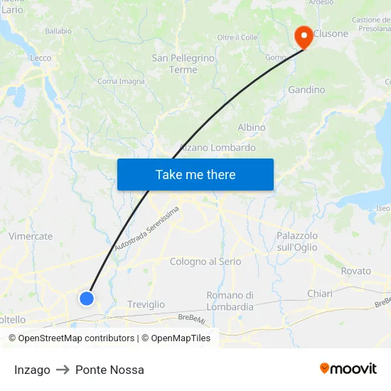 Inzago to Ponte Nossa map