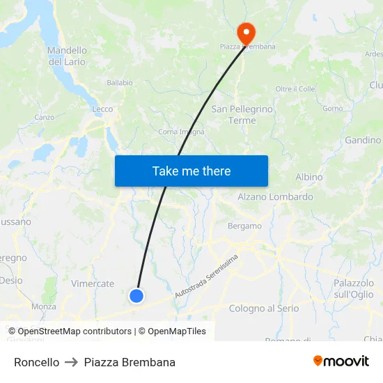 Roncello to Piazza Brembana map