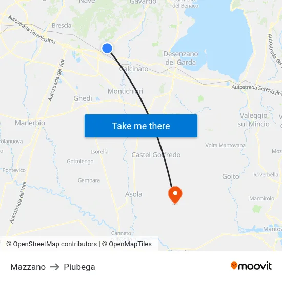 Mazzano to Piubega map