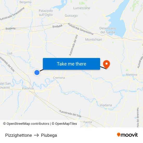 Pizzighettone to Piubega map