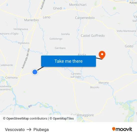 Vescovato to Piubega map