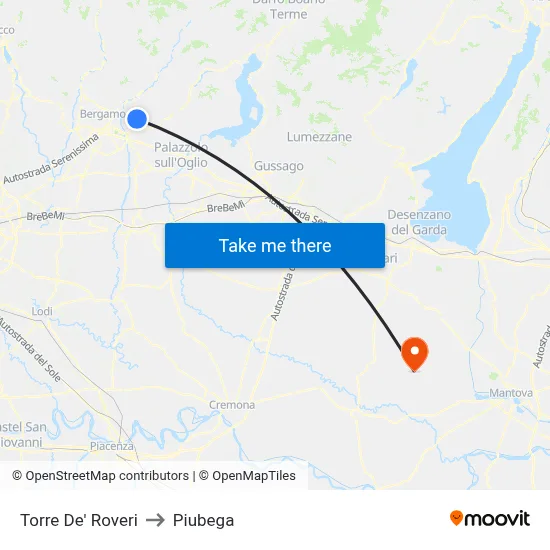 Torre De' Roveri to Piubega map