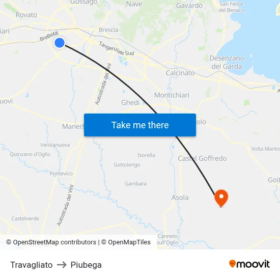 Travagliato to Piubega map
