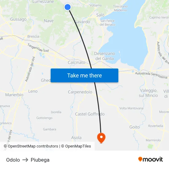 Odolo to Piubega map