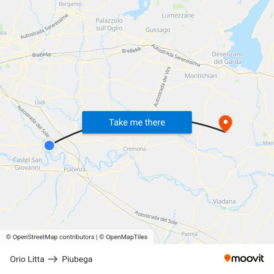 Orio Litta to Piubega map