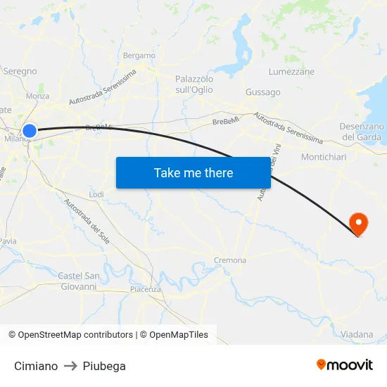 Cimiano to Piubega map