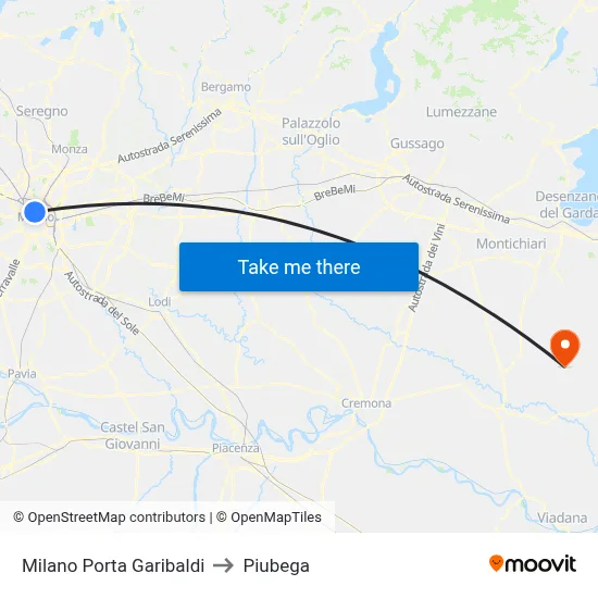 Milano Porta Garibaldi to Piubega map