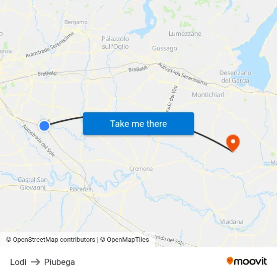 Lodi to Piubega map
