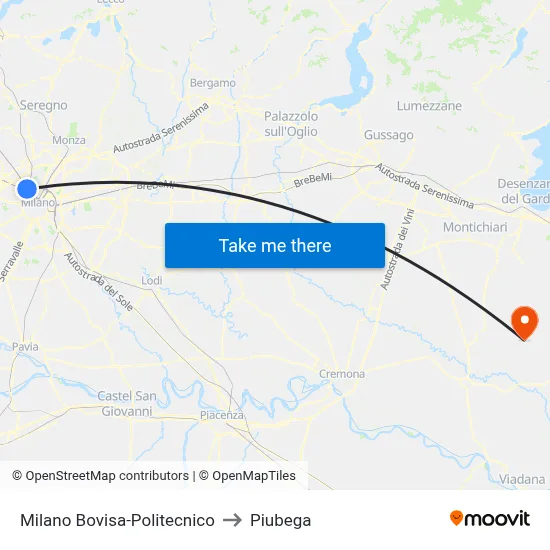 Milan Bovisa-Polytechnic to Piubega map