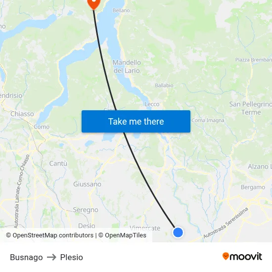 Busnago to Plesio map