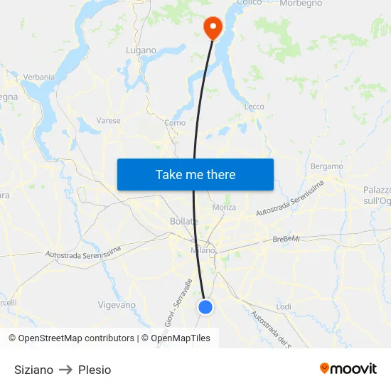 Siziano to Plesio map