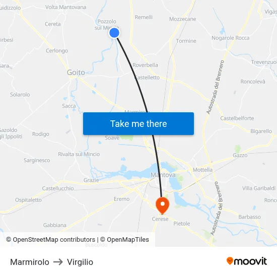 Marmirolo to Virgilio map