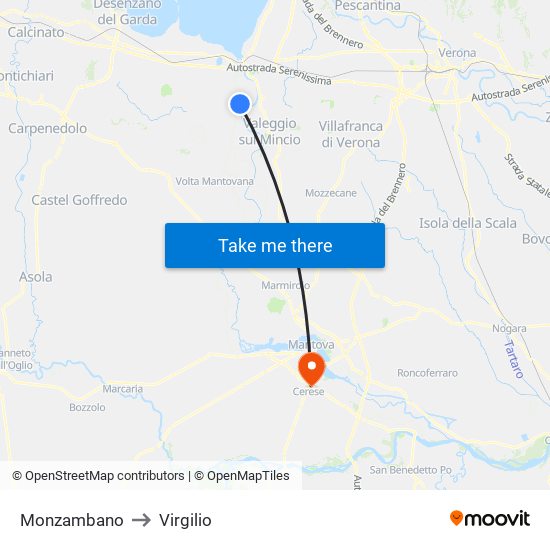 Monzambano to Virgilio map