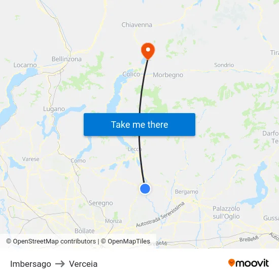 Imbersago to Verceia map