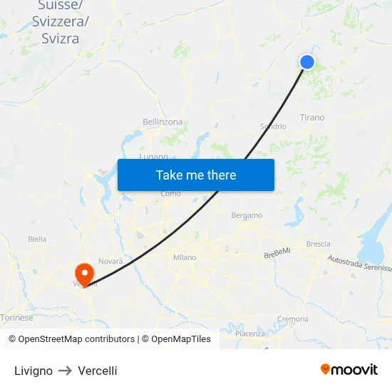 Livigno to Vercelli map