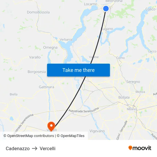 Cadenazzo to Vercelli map