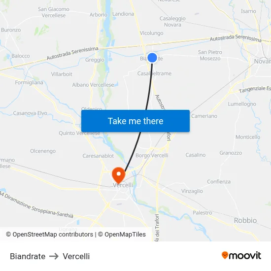 Biandrate to Vercelli map