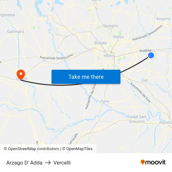 Arzago d'Adda to Vercelli map