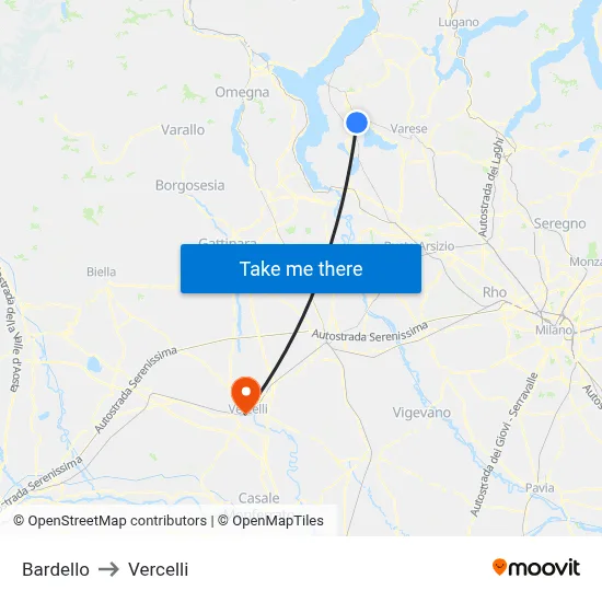 Bardello to Vercelli map