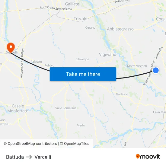 Battuda to Vercelli map