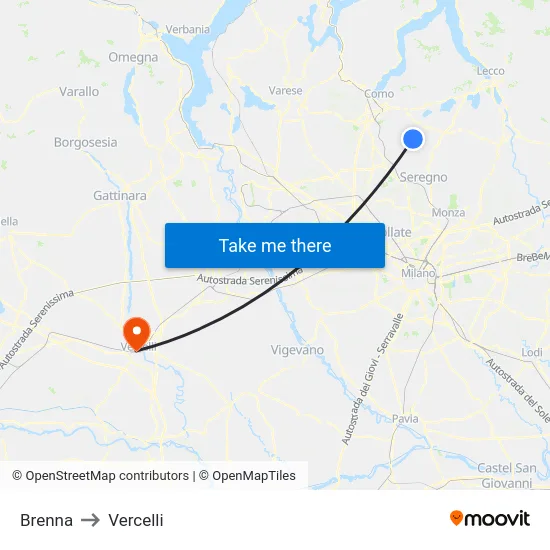 Brenna to Vercelli map