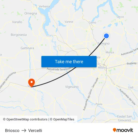 Briosco to Vercelli map
