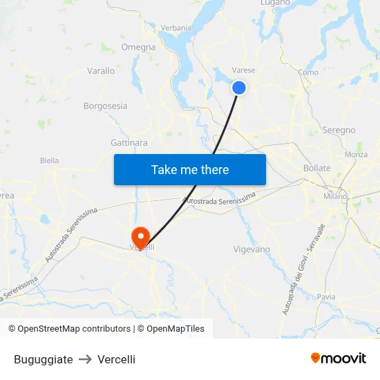 Buguggiate to Vercelli map