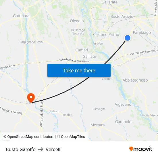 Busto Garolfo to Vercelli map