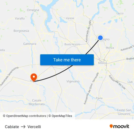 Cabiate to Vercelli map