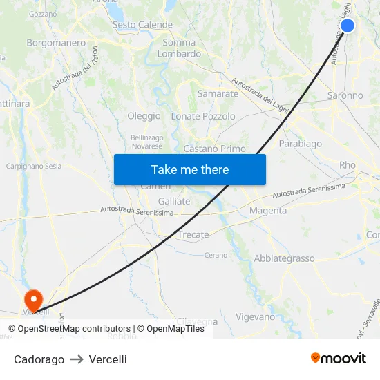 Cadorago to Vercelli map