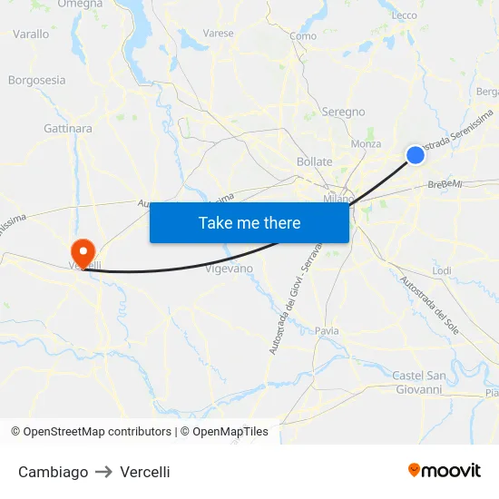 Cambiago to Vercelli map