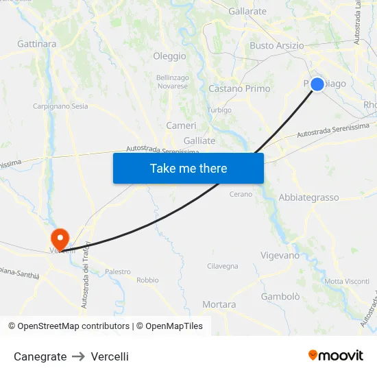 Canegrate to Vercelli map