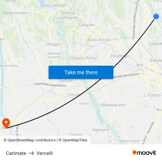 Carimate to Vercelli map