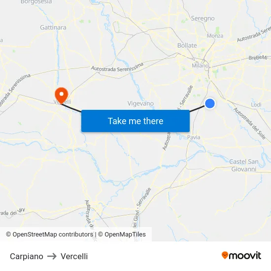Carpiano to Vercelli map