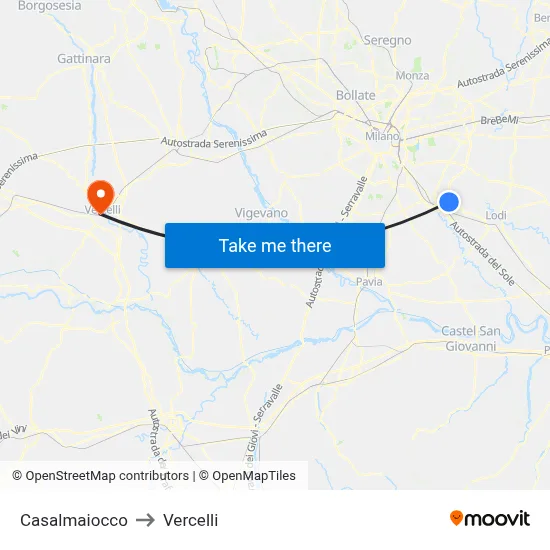 Casalmaiocco to Vercelli map