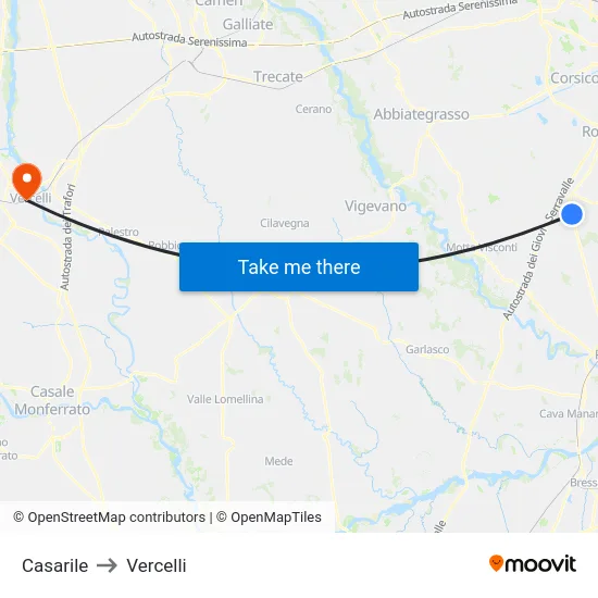 Casarile to Vercelli map