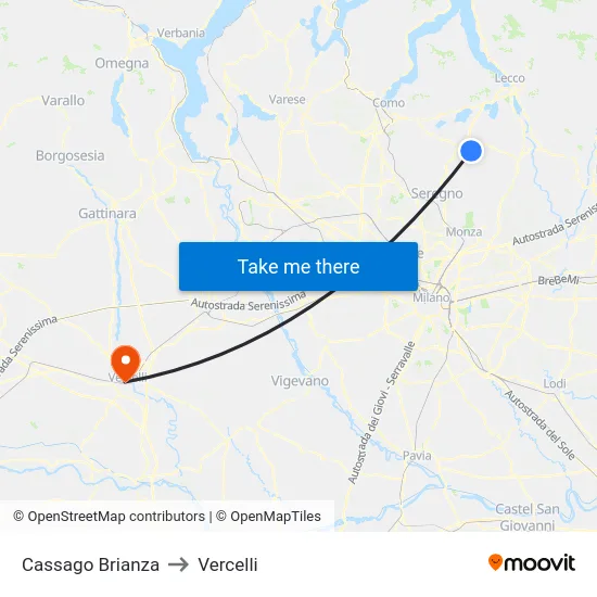 Cassago Brianza to Vercelli map